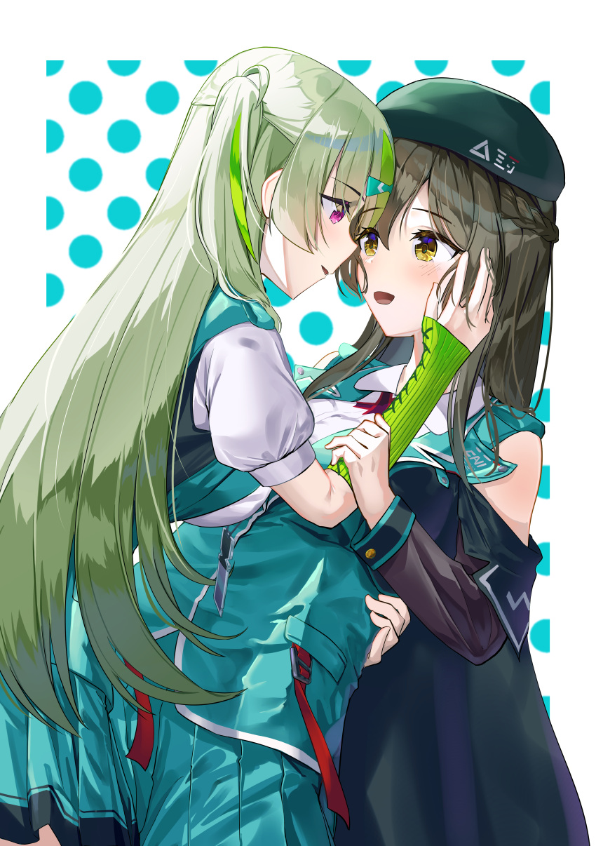 96mako, absurdres, beret, breasts, brown_hair, green_hair, hair_between_eyes, hair_ornament