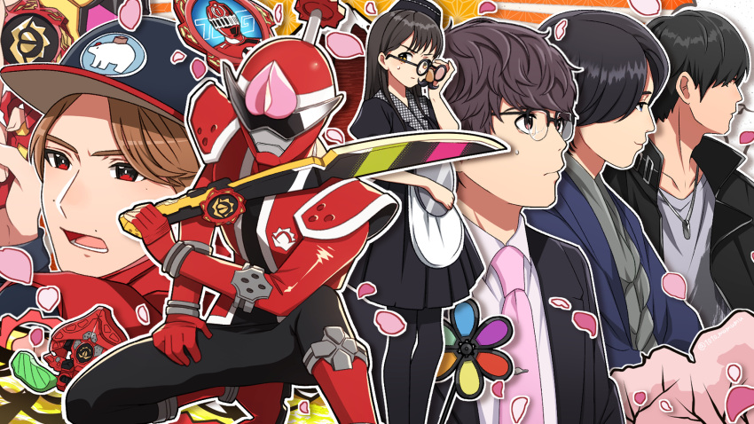 1010_mumumu, 1girl, 4boys, avataro_sentai_donbrothers, black_bodysuit, black_dress, black_jacket, bodysuit