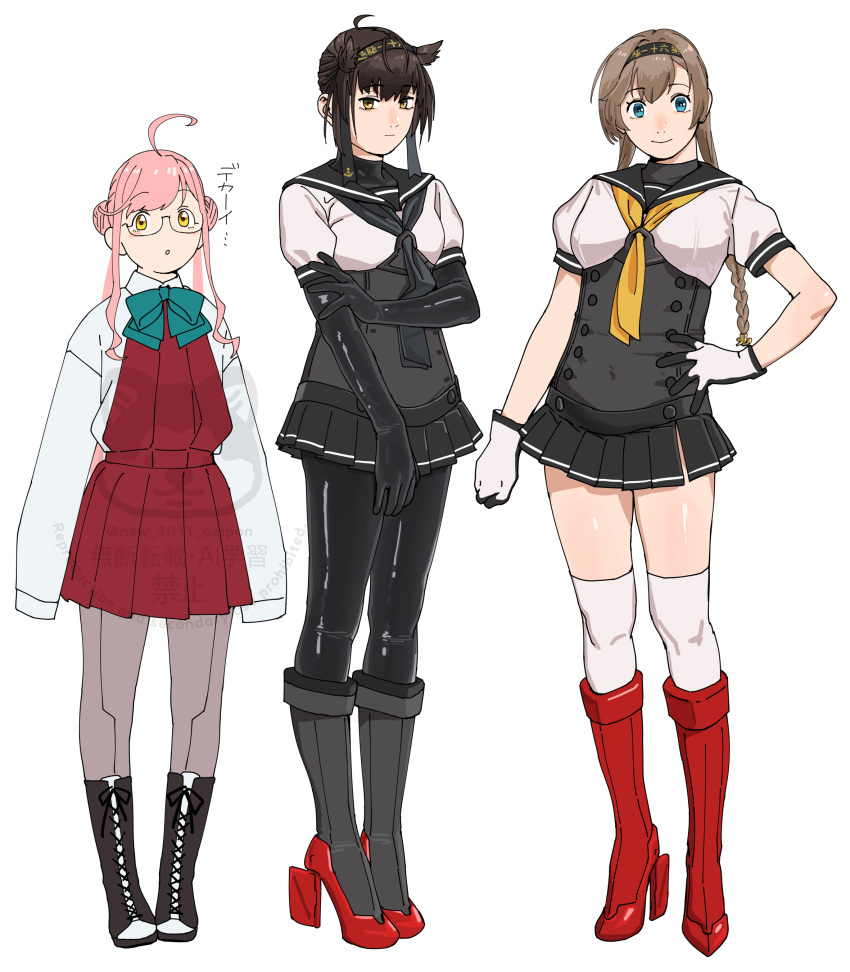 3girls, absurdres, ahoge, aqua-framed_eyewear, aqua_bow, aqua_bowtie, aqua_one-piece_swimsuit, black_bodysuit, black_hair, black_headband, black_neckerchief, black_sailor_collar, blue-framed_eyewear, blue_eyes, blush, bodysuit, boots, bow, bowtie, braid, breasts, brown_hair, clothes_writing, corset, double_bun, full_body, glasses, gloves, green-framed_eyewear, grey_eyes, grey_pantyhose, hachimaki, hair_bun, hair_flaps, hair_ornament, hairband, hatsuzuki_(kancolle), headband, high_heels, highres, kantai_collection, lace-up_boots, long_hair, looking_at_viewer, makigumo_(kancolle), multiple_girls, neckerchief, ojipon, one-piece_swimsuit, pantyhose, pink_hair, pleated_skirt, propeller_hair_ornament, sailor_collar, school_uniform, serafuku, shirt, short_hair, simple_background, skirt, sleeves_past_fingers, sleeves_past_wrists, smile, swimsuit, teruzuki_(kancolle), thigh-highs, twin_braids, twintails, white_shirt, white_thighhighs, yellow_eyes, yellow_neckerchief