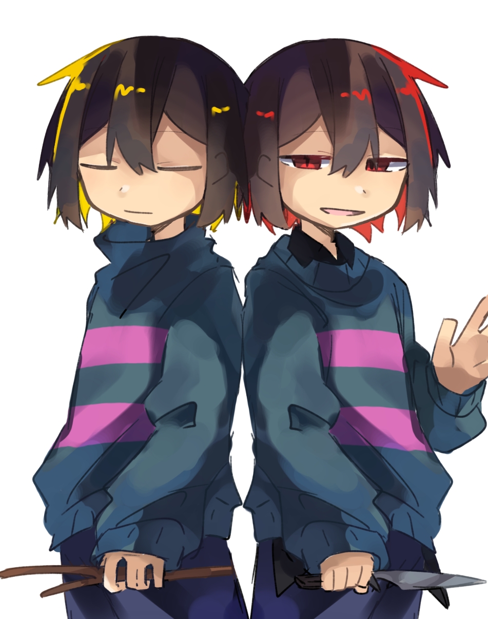 2others, brown_hair, chara_(undertale), closed_eyes, collared_sweater, cosplay, double_horizontal_stripe, frisk_(undertale)
