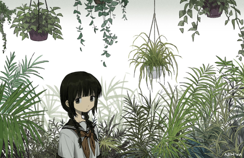 1girl, black_eyes, black_hair, black_sailor_collar, braid, expressionless, fern, hair_over_shoulder, hanging_plant, highres, nature, neckerchief, nihiru0513, original, plant, red_neckerchief, sailor_collar, school_uniform, serafuku, shirt, signature, solo, twin_braids, upper_body, white_shirt