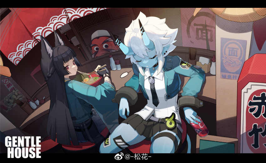 1boy, colored_skin, fox_ears, general_chop_(zenless_zone_zero), horns, hoshimi_miyabi, long_hair, multiple_girls