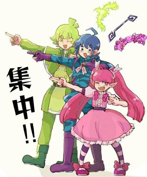 1girl, archer_pose, barbatos_bachiko, bars_robin, dark_blue_hair, light_green_hair, long_hair, mairimashita!_iruma-kun