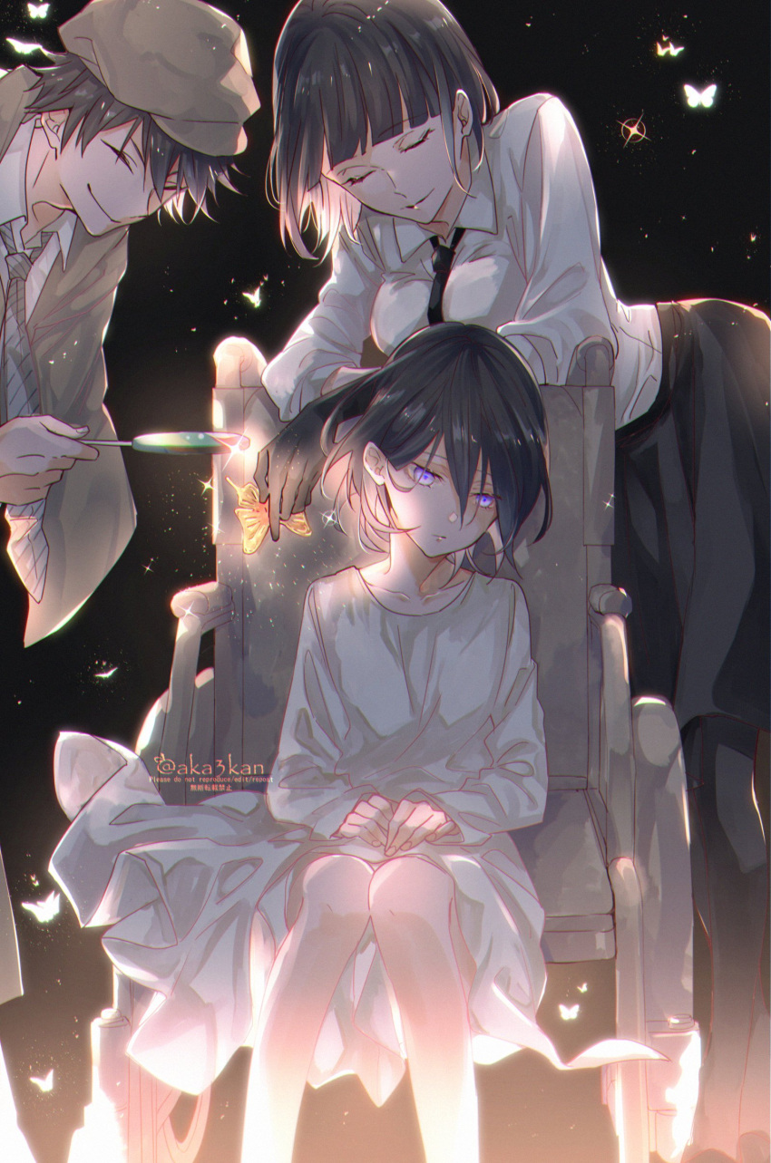 1boy, 2girls, absurdres, aged_down, aka_mikan, black_gloves, black_hair, black_necktie