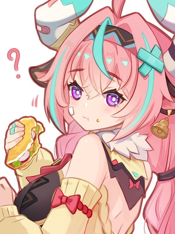 1girl, ?, ahoge, animal_ears, aqua_hair, blush, cow_ears, cow_girl