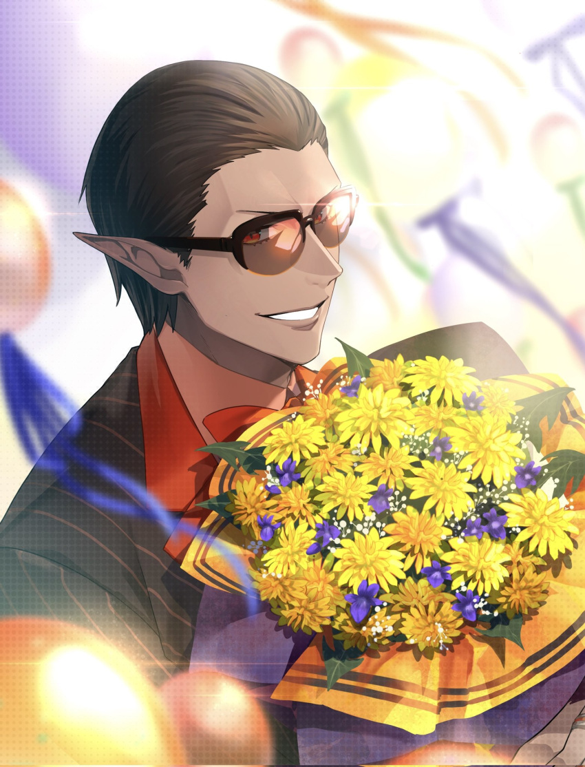1boy, black_hair, bouquet, gwelu_os_gar, gwelu_os_gar_(1st_costume), highres, jip, looking_at_viewer