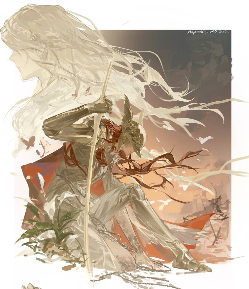 1boy, 1girl, blonde_hair, border, brother_and_sister, brown_dress, cape, covered_eyes