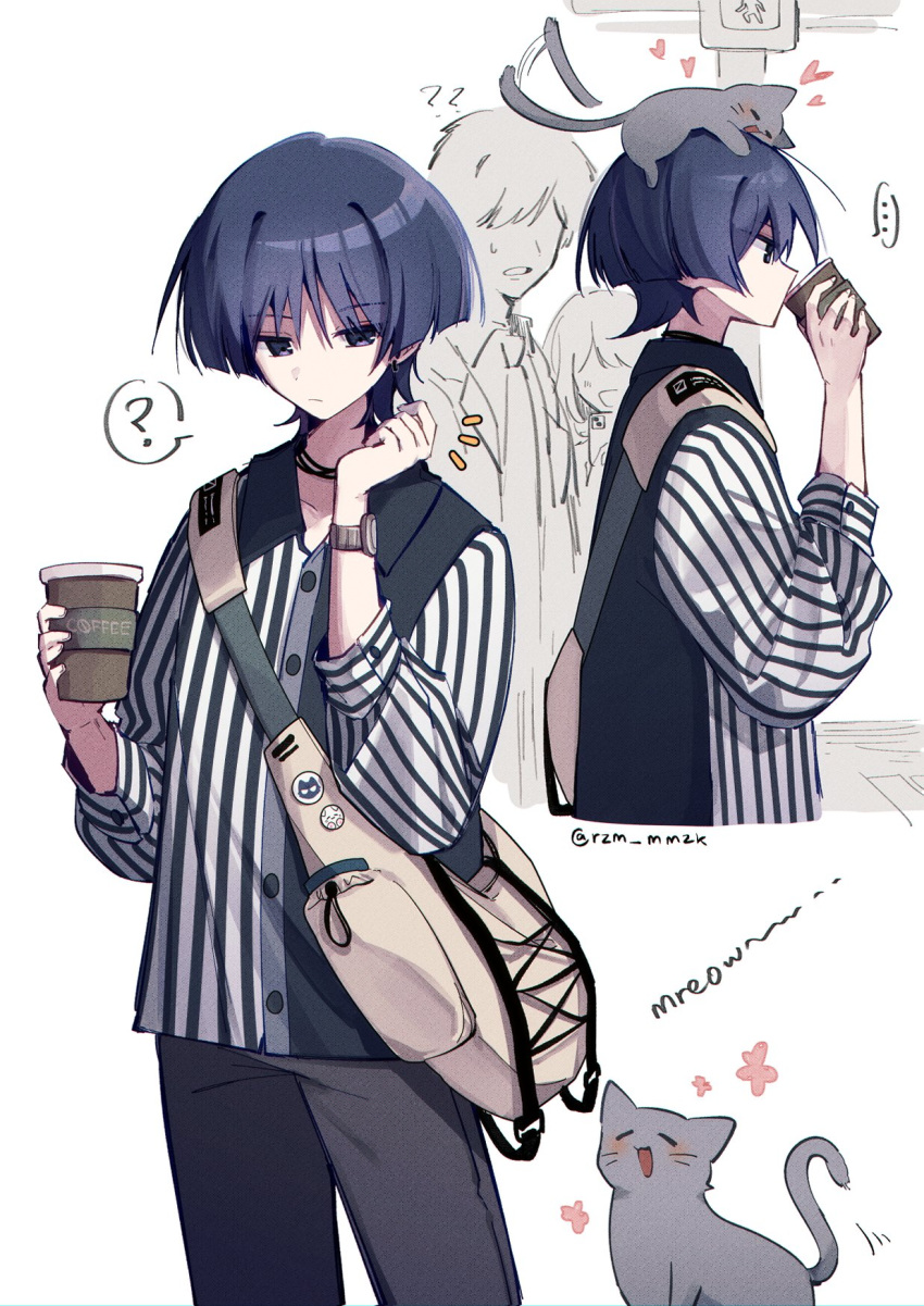 ..., 1girl, 2boys, ?, alternate_costume, animal_on_head, bag, black_pants