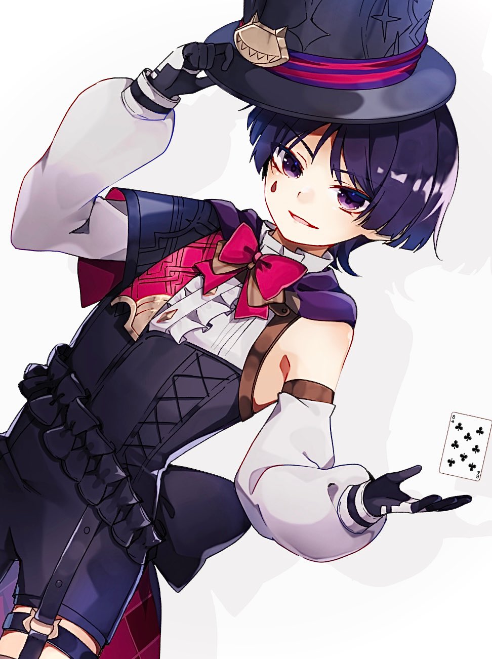 1boy, armlet, armpit_crease, black_bow, black_capelet, black_corset, black_gloves, black_hat