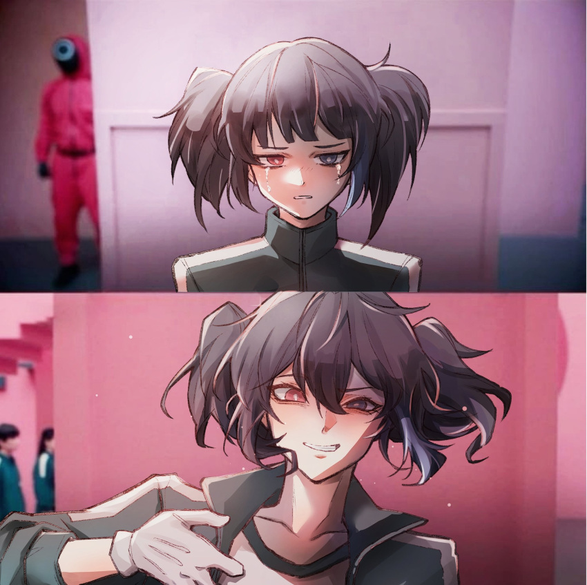 1girl, before_and_after, black_hair, blue_eyes, blue_hair, chiyo_loves, collarbone, crying, gloves, green_track_suit, heterochromia, highres, jacket, light_particles, meme, multicolored_hair, open_clothes, open_jacket, red_eyes, shirt, squid_game, streaked_hair, tears, teeth, track_suit, twintails, upper_body, utau, white_gloves, white_shirt, year_1_&amp;_year_2_(squid_game)_(meme), yokune_ruko