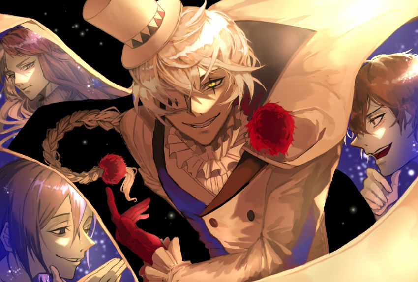 4boys, braid, brown_hair, bungou_stray_dogs, cape, dazai_osamu_(bungou_stray_dogs), eyepatch, frilled_sleeves