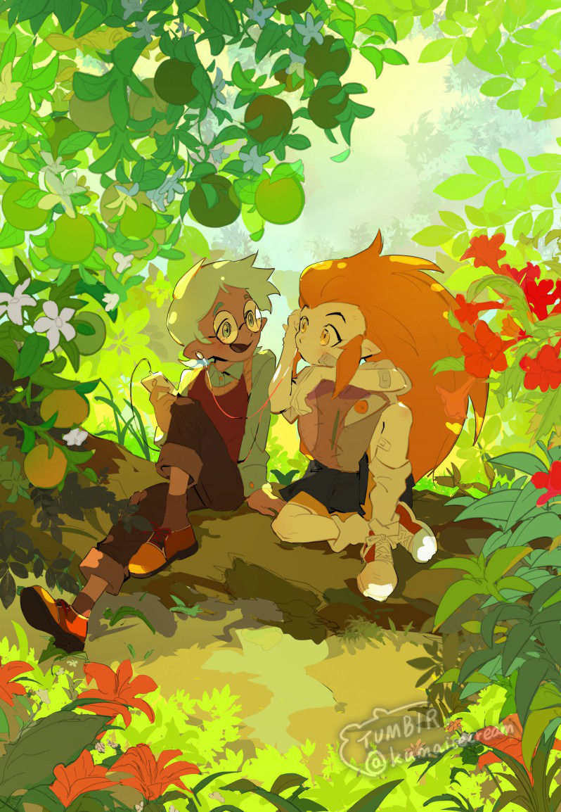 1girl, 1other, aged_down, dark_skin, earphones, edalyn_clawthorne, flower, food