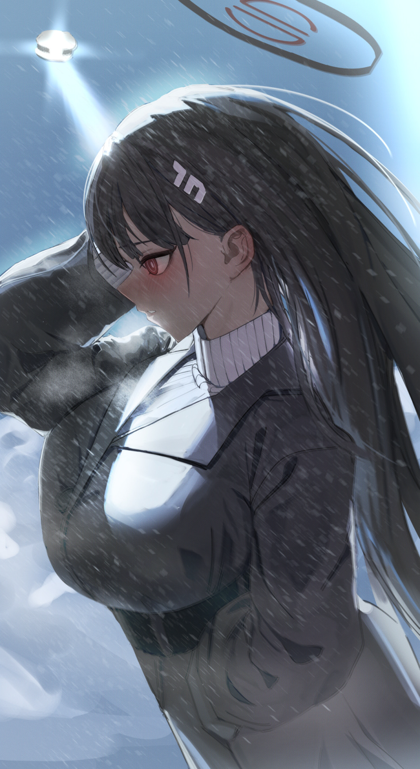 1girl, black_hair, blue_archive, blush, breasts, coat, drone, hair_ornament