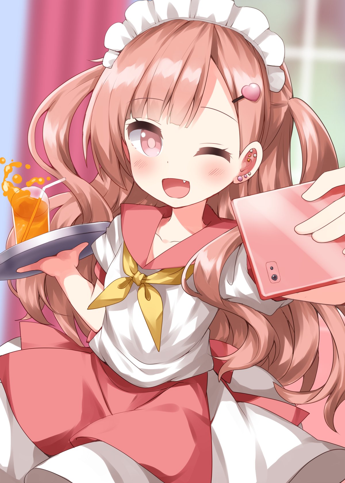 1girl, ;d, apron, blunt_bangs, blurry, blurry_background, blush, bright_pupils