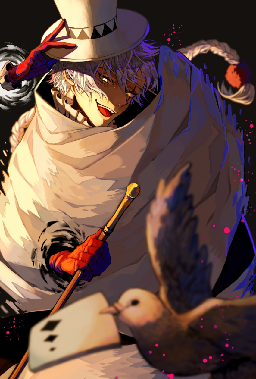 1boy, alternate_eye_color, animal, bird, black_background, blurry, braid, bungou_stray_dogs, cane, cape, commentary, depth_of_field, frills, gloves, hair_between_eyes, hat, highres, holding, holding_cane, holding_hat, holding_unworn_clothes, kararui0805, long_hair, long_sleeves, male_focus, nikolai_gogol_(bungou_stray_dogs), open_mouth, portal_(object), red_gloves, scar, scar_across_eye, single_braid, smile, solo, top_hat, white_hair, white_hat, yellow_eyes