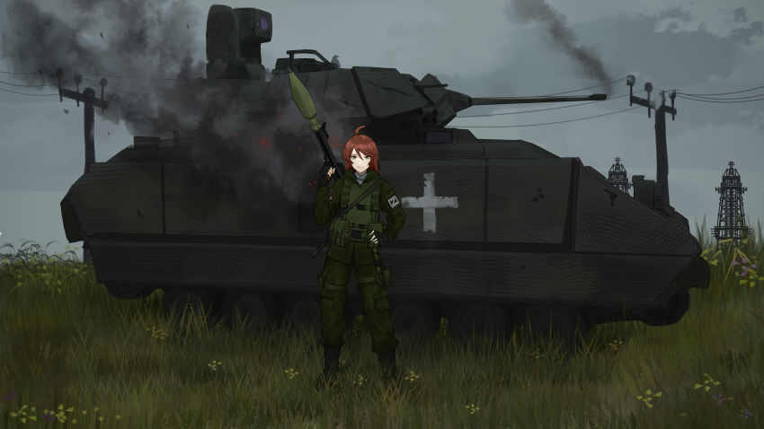 absurdres, boots, commissioner_upload, emr_camouflage, highres, m2_bradley, mask, non-web_source