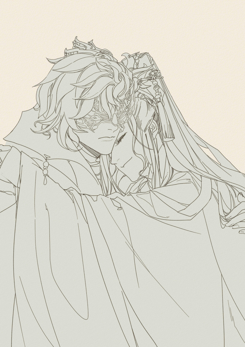 2boys, absurdres, chinese_clothes, closed_eyes, closed_mouth, from_side, hair_between_eyes, half_mask