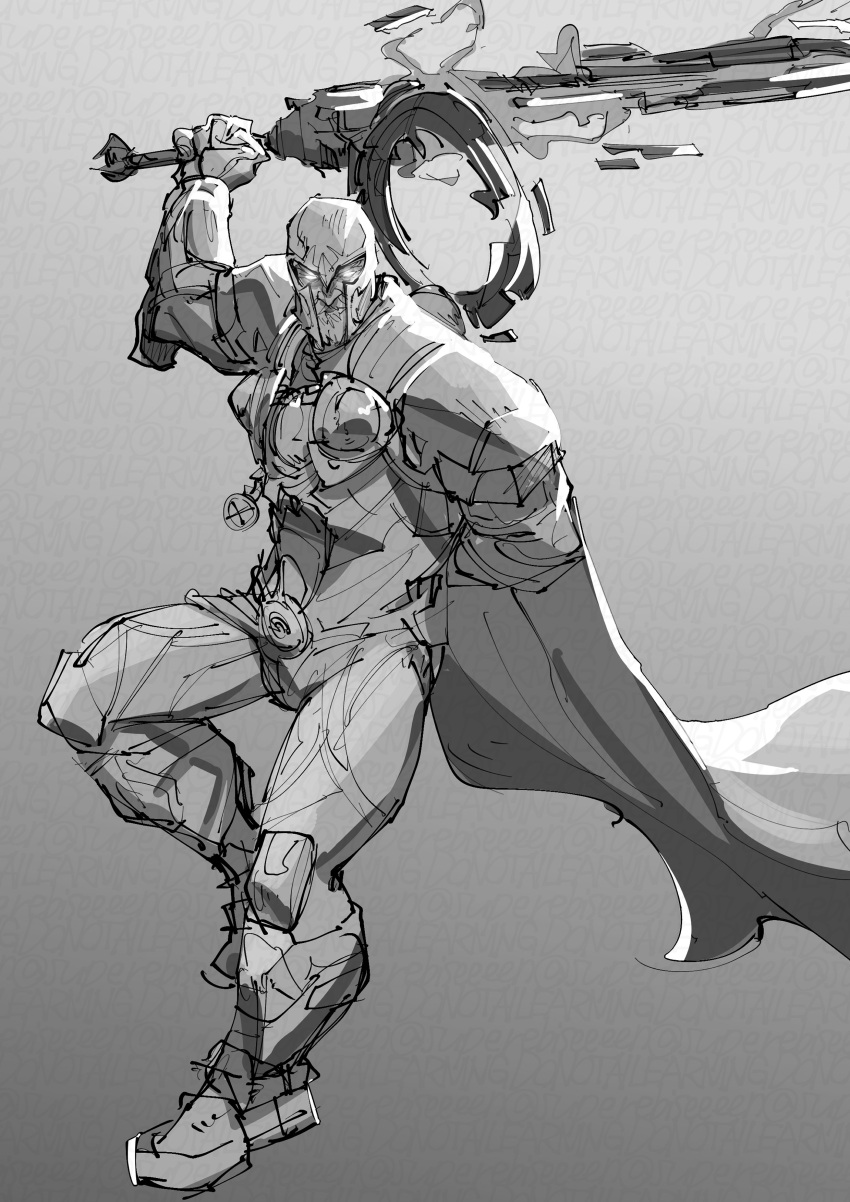 1boy, absurdres, arm_behind_back, armor, beard, cape, facial_hair, grey_background