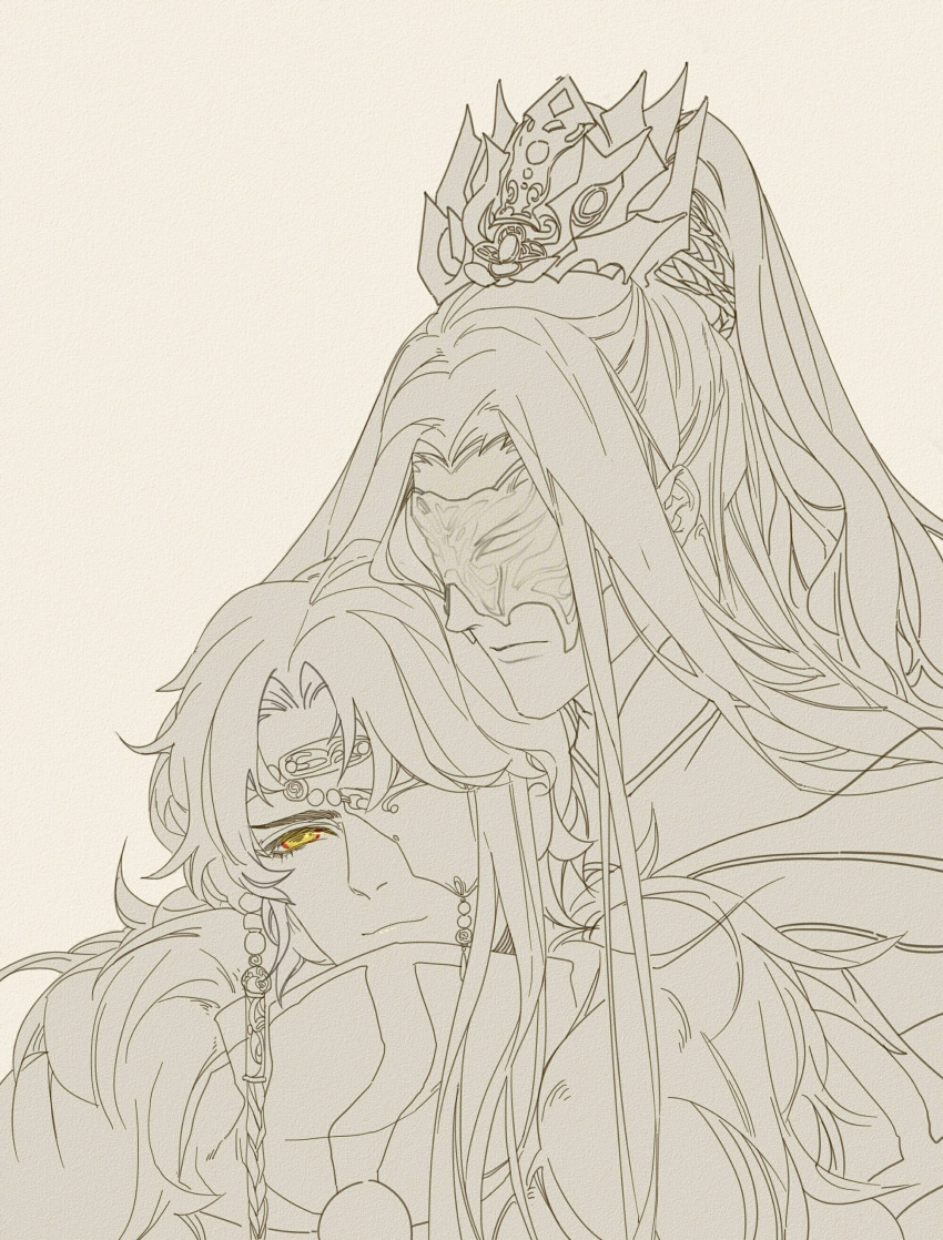 2boys, absurdres, beads, behind_another, closed_mouth, curtained_hair, eyepatch, facing_another