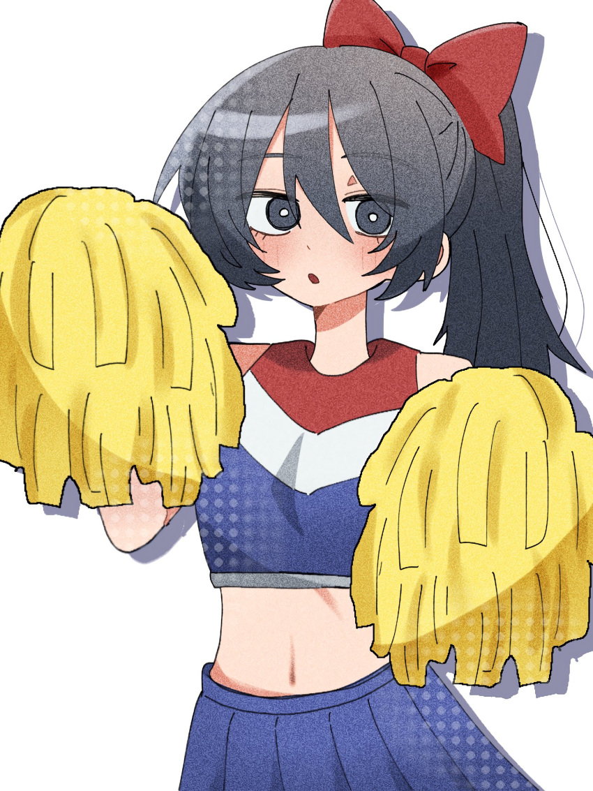 1girl, :o, adutiaduti0616, bare_shoulders, black_eyes, black_hair, blue_shirt, blue_skirt, blush, bow, bright_pupils, cheerleader, commentary, cowboy_shot, crop_top, drop_shadow, film_grain, futsuu_no_keion-bu, hair_between_eyes, hair_bow, hands_up, highres, holding, holding_pom_poms, kameya_san, long_hair, looking_at_viewer, midriff, multicolored_shirt, navel, no_mole, pleated_skirt, pom_pom_(cheerleading), ponytail, red_bow, red_shirt, shirt, simple_background, skirt, sleeveless, sleeveless_shirt, solo, white_background, white_pupils