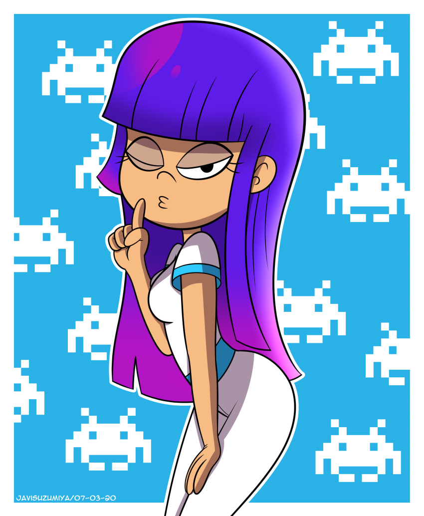 1girl, absurdres, black_eyes, breasts, english_commentary, eyelashes, glitch_techs, hand_on_own_leg