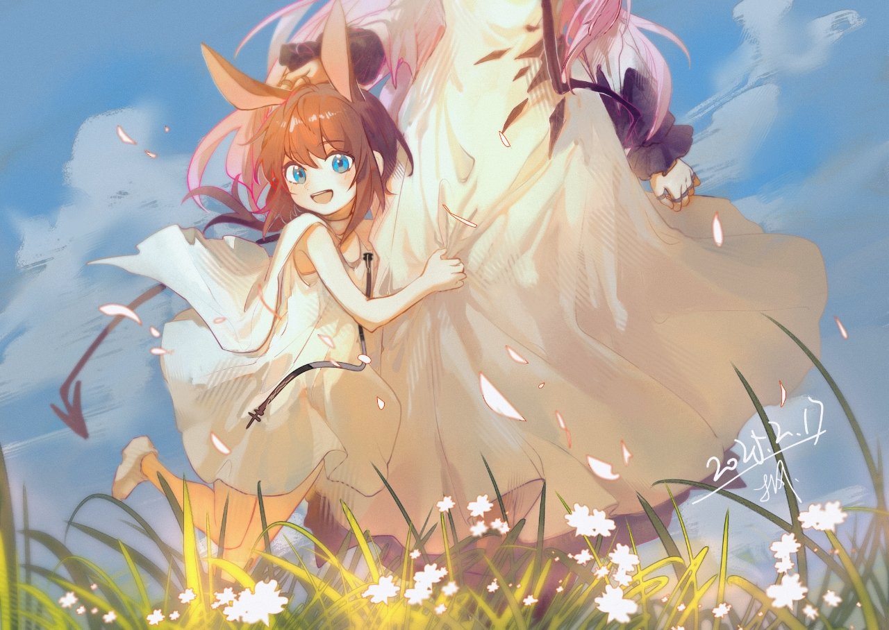 2girls, amiya_(arknights), amiya_(young)_(arknights), animal_ears, arknights, arm_at_side, barefoot, blue_eyes, blue_sky, blush, brown_hair, clenched_hand, commentary_request, dated, dress, flower, full_body, grass, hand_on_another's_head, head_out_of_frame, jewelry, long_hair, looking_at_viewer, maplebyebye, multiple_girls, multiple_rings, open_mouth, outdoors, pink_hair, rabbit_ears, ring, short_hair, signature, skirt, skirt_tug, sky, smile, standing, standing_on_one_leg, theresa_(arknights), white_dress, white_flower