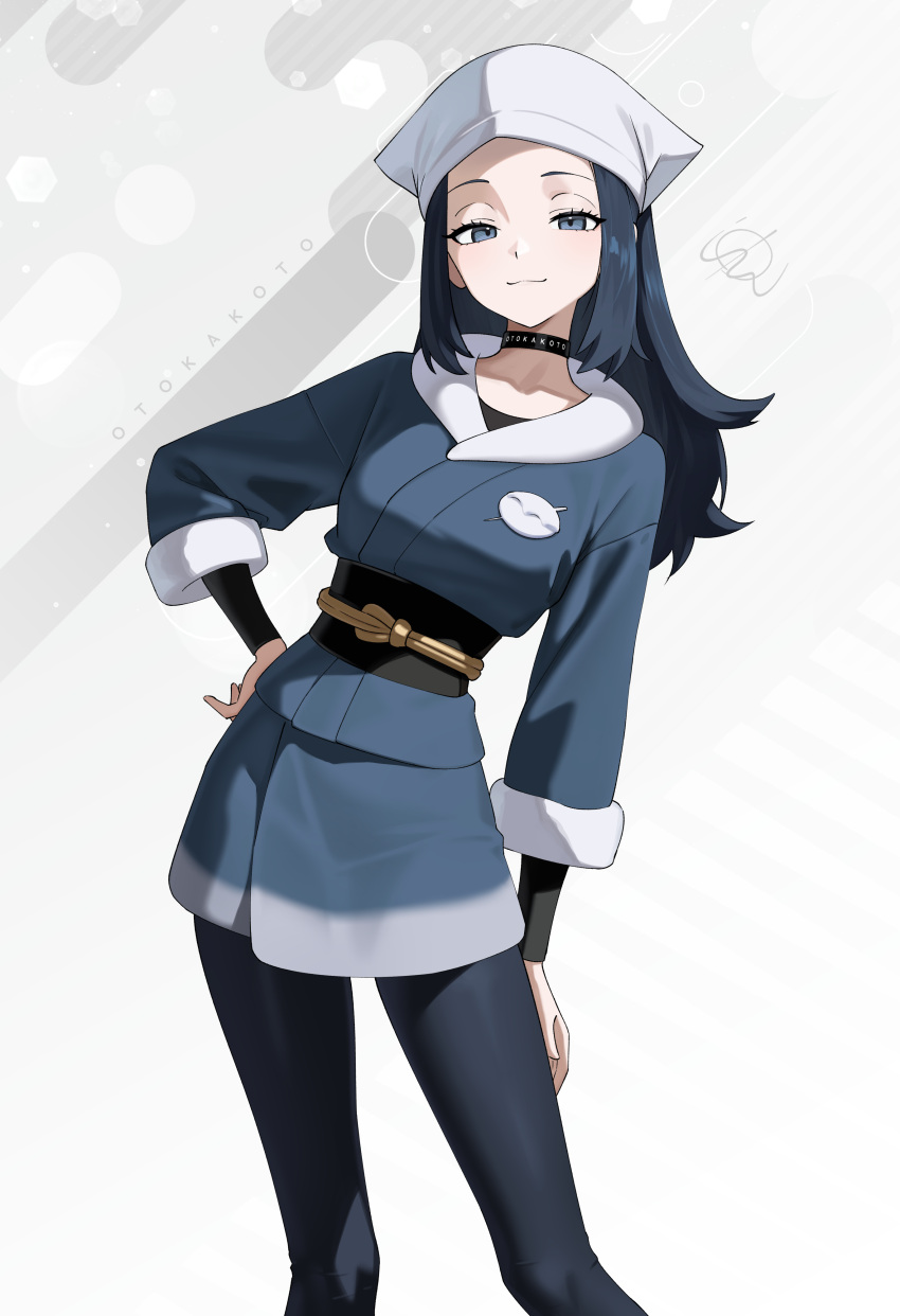 1girl, absurdres, akari_(pokemon), artist_name, black_choker, black_hair, black_pantyhose, blue_eyes