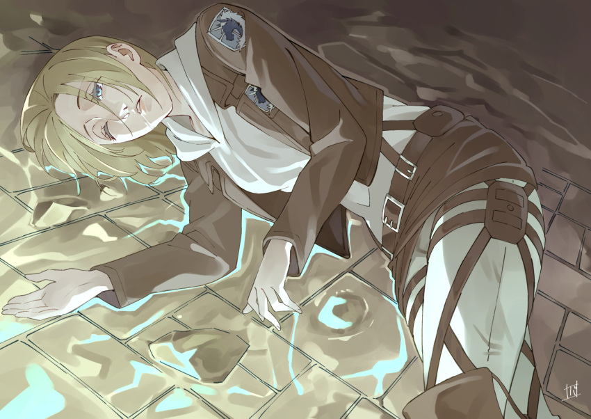 1girl, annie_leonhart, artist_name, blonde_hair, blue_eyes, boots, brown_jacket, commentary_request