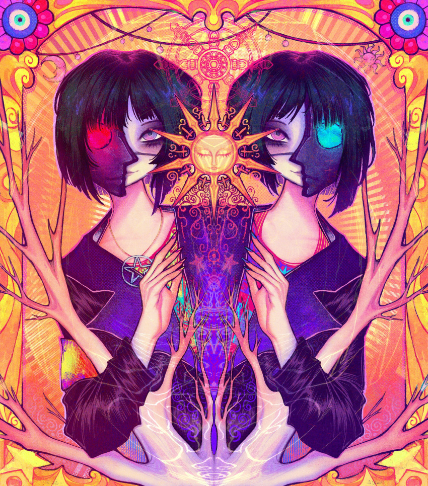 2girls, absurdres, black_hair, border, commentary, crescent, crimescenepartz, energy