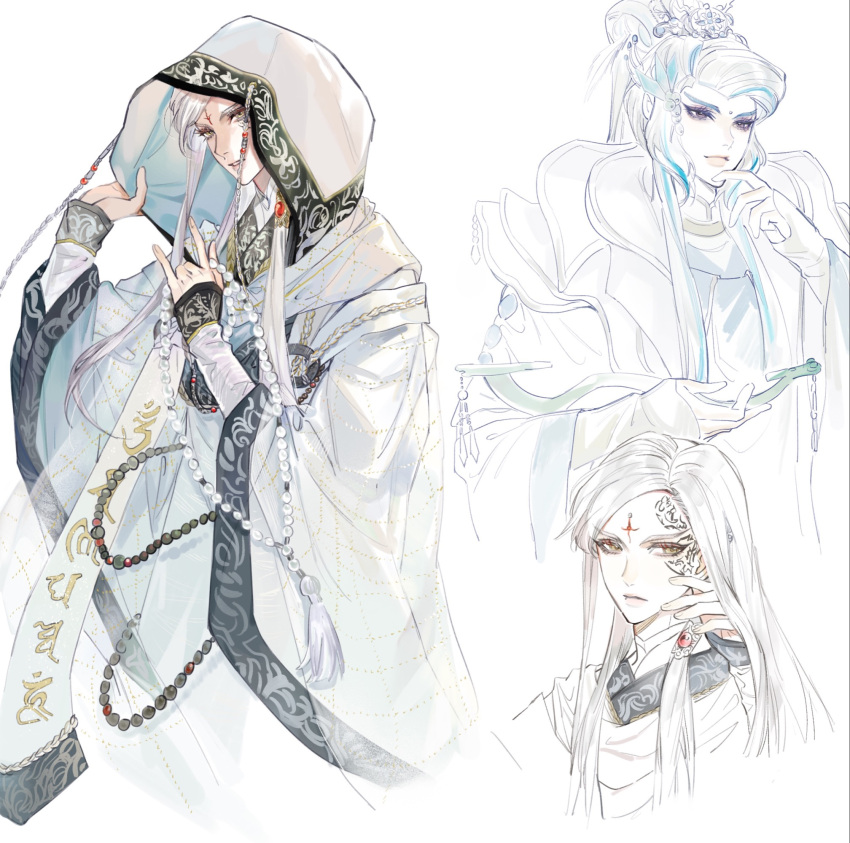 2boys, beads, chinese_clothes, closed_mouth, facial_mark, fenrongjiao, gem, grey_eyes, hair_ornament, hand_on_own_chin, hanfu, highres, holding, hood, jinguang_budaixi, long_hair, long_sidelocks, long_sleeves, looking_ahead, male_focus, multiple_boys, parted_bangs, parted_hair, parted_lips, partially_colored, patterned_clothing, prayer_beads, qiao_rulai, red_gemstone, sidelocks, sideways_glance, simple_background, sleeves_past_wrists, tattoo, teeth, three_quarter_view, white_background, white_hair, white_hanfu, white_sleeves, widow's_peak, xiao_guan_(headdress), yellow_eyes, yu_xingyi