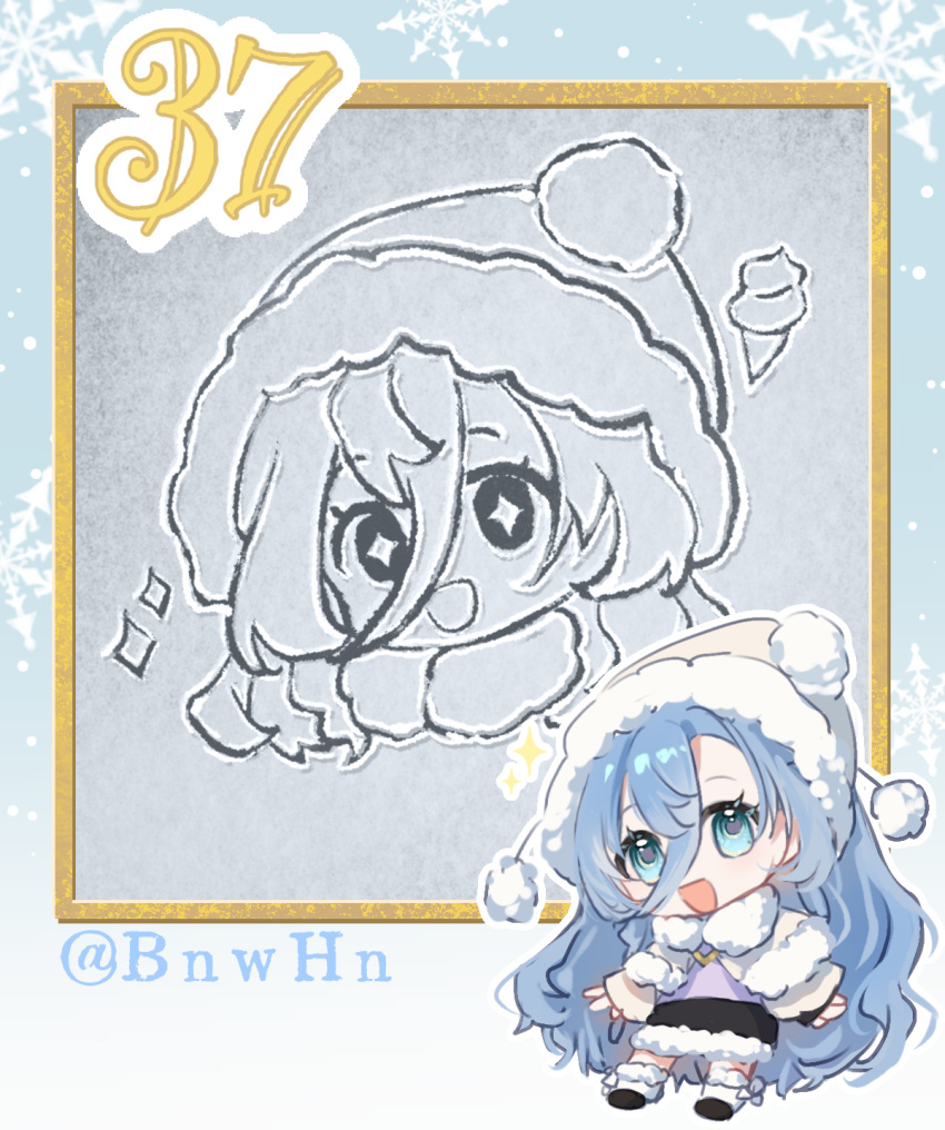 +_+, 1girl, 37_(maidjump_goods_cafe)_(reverse:1999), 37_(reverse:1999), :d, beanie, black_shoes, black_skirt, blue_background, blue_hair, character_name, chibi, chibi_inset, chilizi, cloak, drawing_on_snow, full_body, fur-trimmed_cloak, fur-trimmed_headwear, fur-trimmed_skirt, fur_trim, gradient_background, hair_between_eyes, hat, highres, long_hair, looking_at_viewer, official_alternate_costume, pom_pom_(clothes), pom_pom_beanie, reverse:1999, shikishi, skirt, smile, snow, snowflake_background, solo, sparkle, very_long_hair, yellow_cloak, yellow_hat