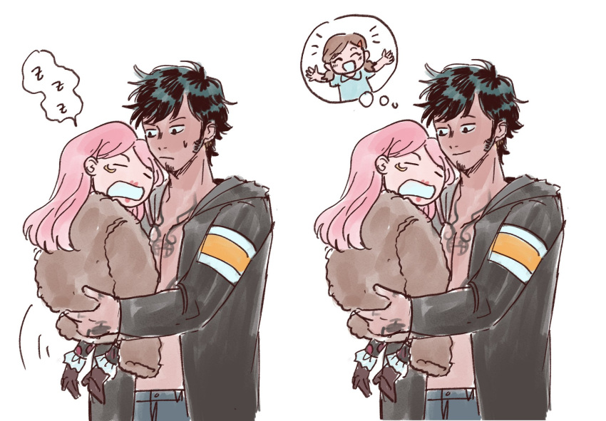 anti-eyebrow_piercing, avaxxah, black_coat, black_hair, brown_coat, carrying, carrying_person, closed_eyes