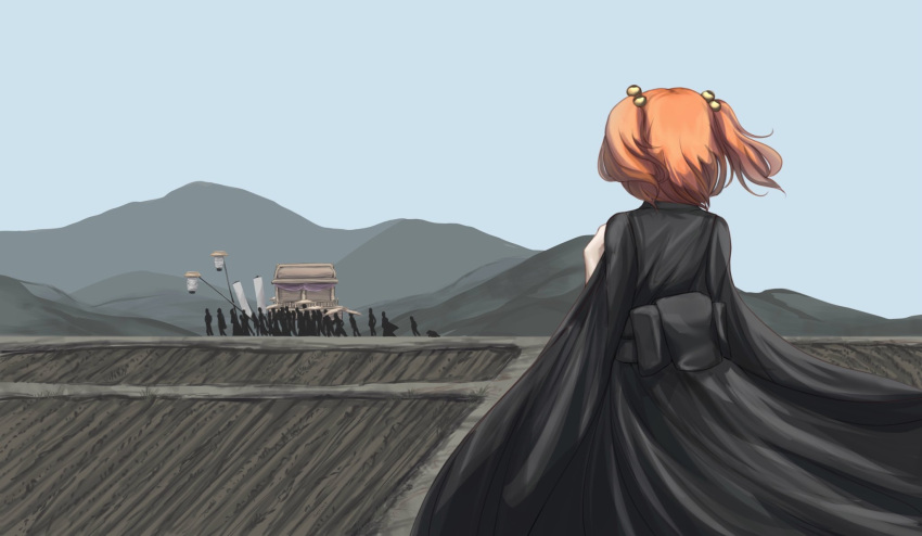 1girl, bell, black_kimono, dress, funeral, funeral_dress, funeral_kimono, hair_bell