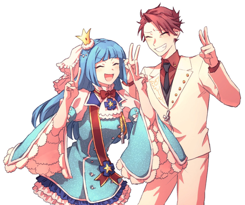 1boy, 1girl, black_necktie, blue_hair, closed_eyes, crown, double_v, dress