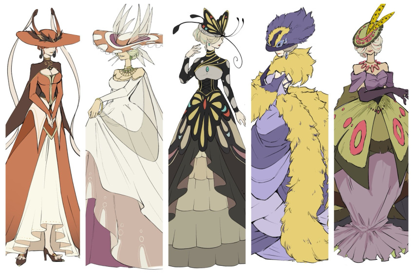 5girls, antennae, beautifly, black_dress, blue_dress, breasts, butterfly_wings, detached_sleeves