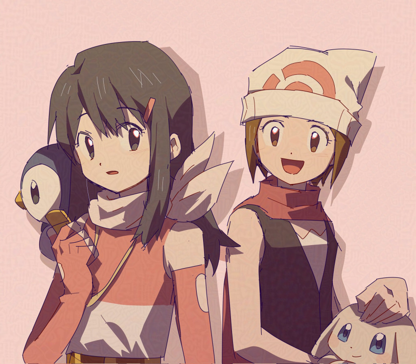 beanie, black_hair, black_vest, brown_eyes, brown_hair, cosplay, crossover, dawn_(pokemon)_(cosplay)