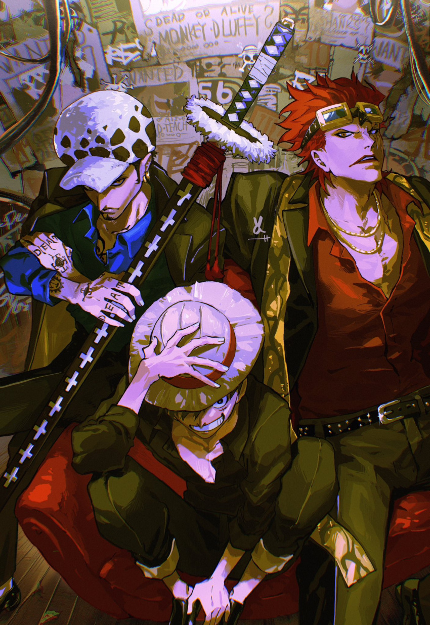 3boys, arm_tattoo, black_beard, black_hair, black_jacket, black_shirt, blue_shirt, chain