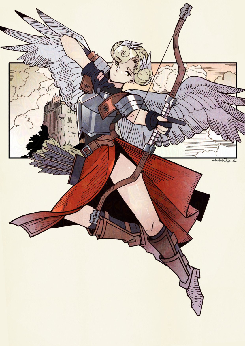 1girl, angel_wings, armor, artist_name, blonde_hair, blue_eyes, boots, bow_(weapon), double_bun, feather_hair, gloves, hair_bun, hair_curl, herheim, highres, holding, holding_bow_(weapon), holding_weapon, raenys_(unicorn_overlord), shoulder_guard, simple_background, skirt, sleeveless, solo, unicorn_overlord, weapon, wings