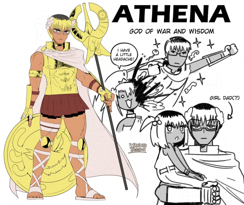 1boy, 2girls, :o, arm_up, armor, arrow_(symbol), athena_(mythology), bare_shoulders, bishounen, blonde_hair, blood, breastplate, brown_skirt, cape, carrying, carrying_person, character_name, dark-skinned_male, dark_skin, english_text, expressionless, eyeball, eyelashes, father_and_daughter, gauntlets, genderswap, genderswap_(ftm), genderswap_(mtf), glasses, gold, gold_armlet, gold_armor, greek_mythology, greyscale, hair_bobbles, hair_ornament, head_wreath, holding, holding_shield, holding_staff, jewelry, knee_pads, looking_at_viewer, male_focus, monochrome, mother_and_daughter, multiple_girls, multiple_views, neck_ring, original, pleated_skirt, rectangular_eyewear, shield, short_hair, side_ponytail, skirt, sleeveless, sparkle, speech_bubble, split_head, staff, wanderjegson, white-framed_eyewear, white_cape, zeus_(mythology)