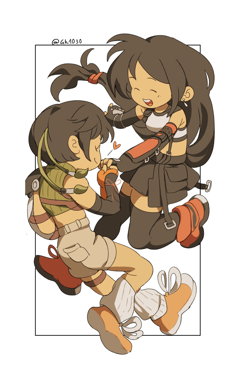 2girls, 4k1030, absurdres, bare_shoulders, black_gloves, black_hair, black_skirt, black_thighhighs