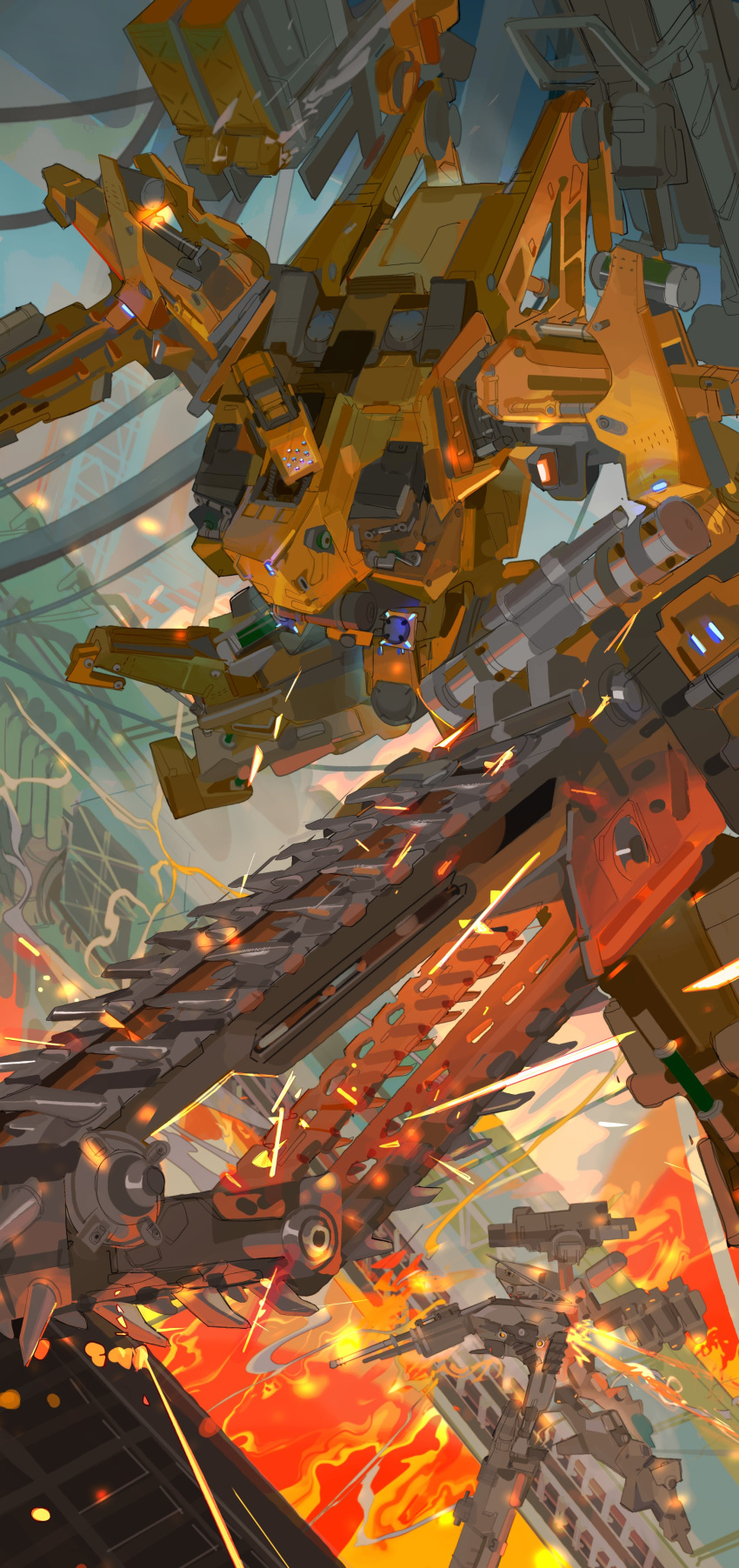 621_(armored_core_vi), absurdres, armored_core, armored_core_vi:_fires_of_rubicon, chainsaw, dual_wielding, extra_eyes, flying