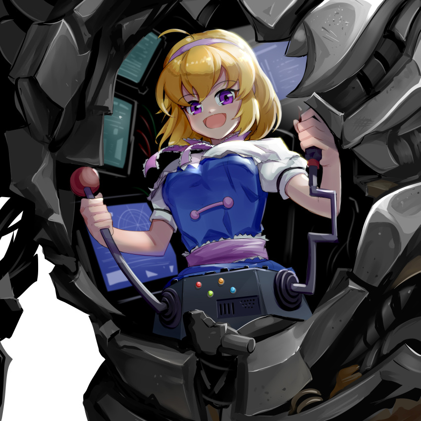 absurdres, alice_margatroid, blonde_hair, blue_light, blue_shirt, blue_skirt, breasts, control_panel_overlay, edz_drawz, green_light, headband, highres, joints, large_breasts, lever, megatron, monitor, necktie, open_mouth, orange_light, purple_headband, purple_necktie, radar, red_light, robot, robot_joints, screen, shadow, shirt, simple_background, skirt, smile, speaker, spring_(object), touhou, transformers, violet_eyes, white_background, white_sleeves, wire