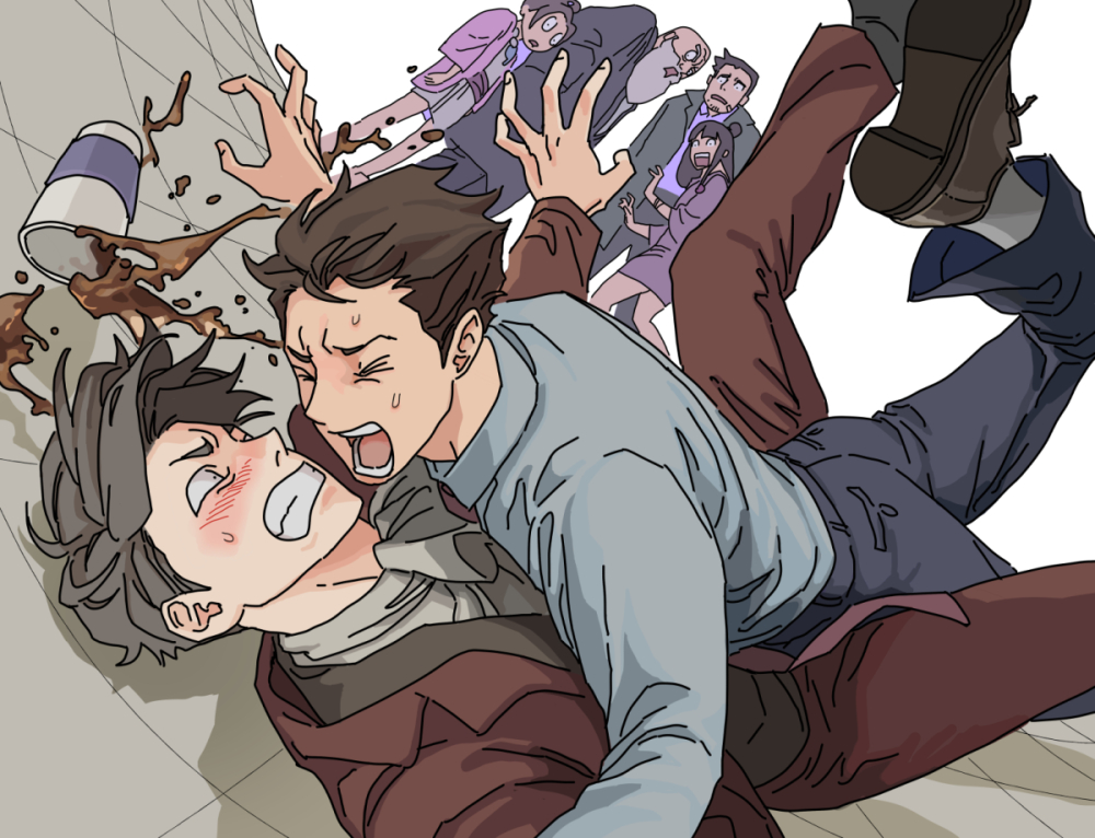 >_<, 2girls, 4boys, ace_attorney, arm_up, ascot, bald, beard