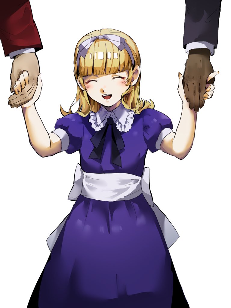 1girl, 2boys, 4me3ba_niku, :d, ^_^, alice_(megami_tensei), back_bow, belial_(megami_tensei)