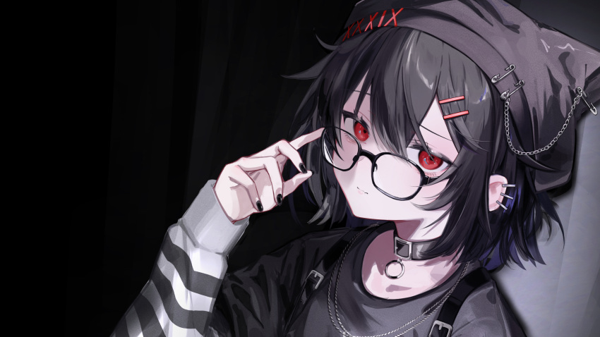 1girl, august., black_hair, choker, glasses, highres, original, piercing