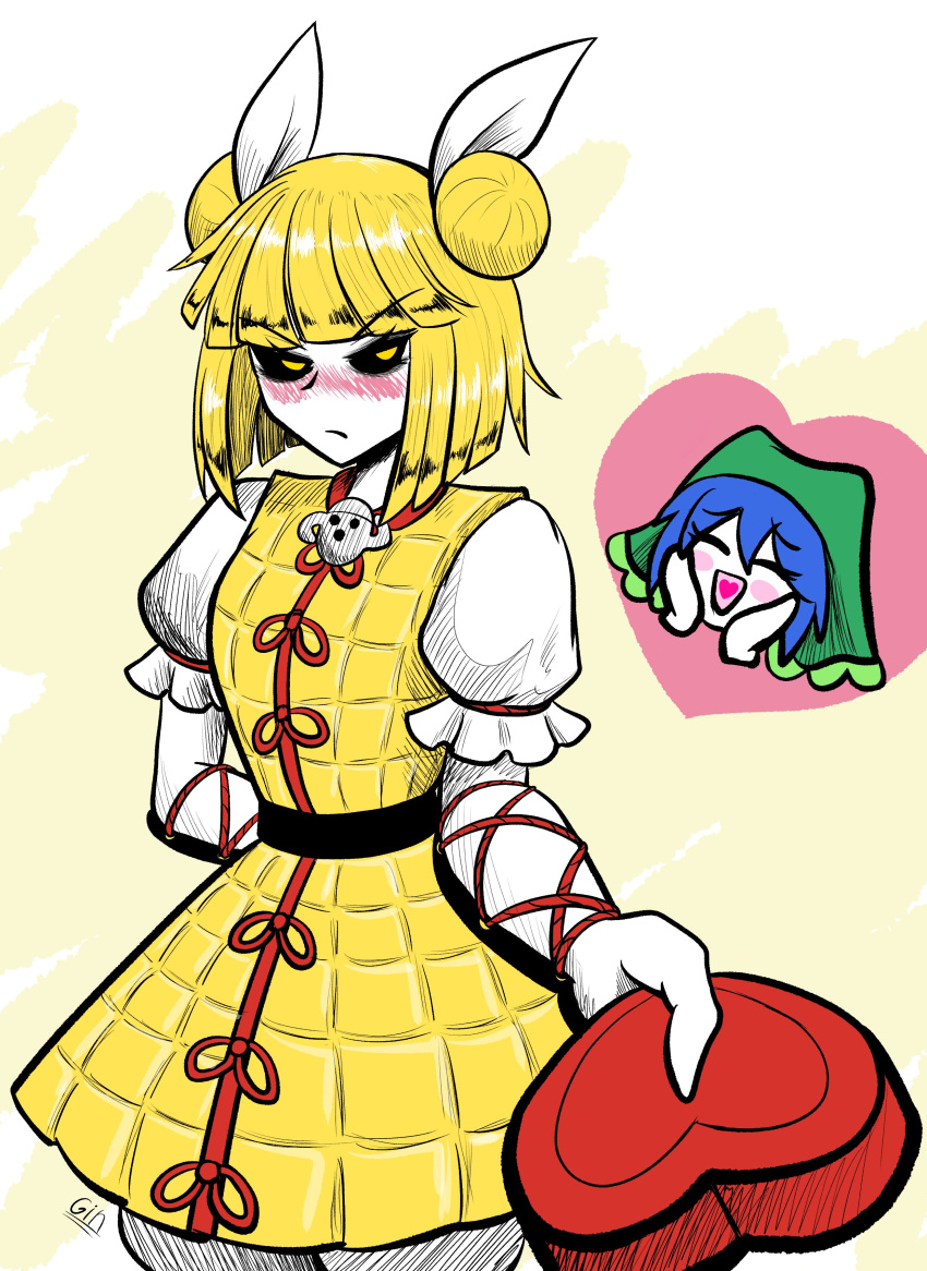 2girls, absurdres, armor, armored_dress, blonde_hair, blue_hair, blunt_bangs, blush