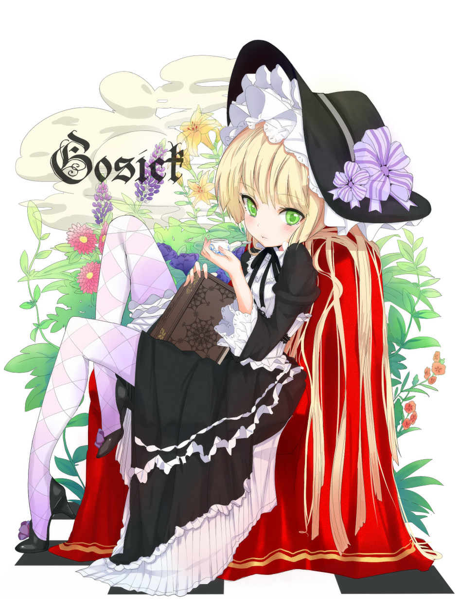 blush, book, checkered, checkered_legwear, dress, floral_background, gosick, green_eyes