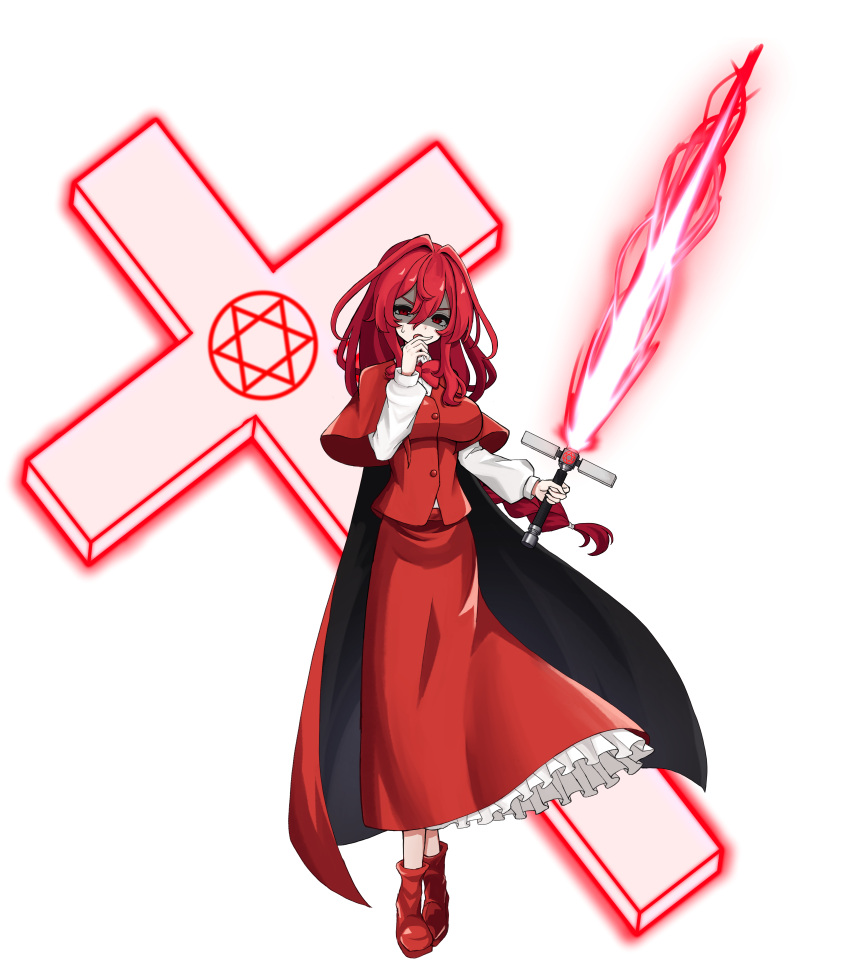 1girl, absurdres, braid, braided_ponytail, breasts, cape, commentary_request, cross