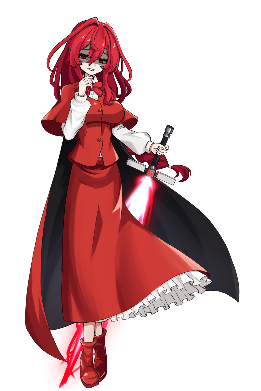 1girl, absurdres, braid, braided_ponytail, breasts, cape, commentary_request, dress