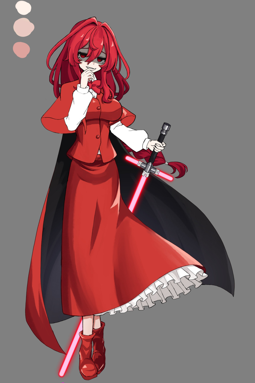 1girl, absurdres, braid, braided_ponytail, breasts, cape, dress, frilled_dress